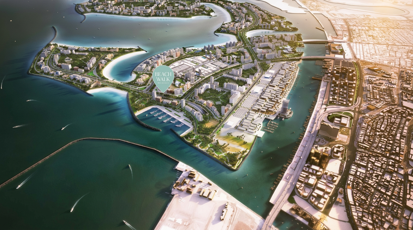 Aerial view of Dubai Islands waterfront location of Beach Walk Residence II