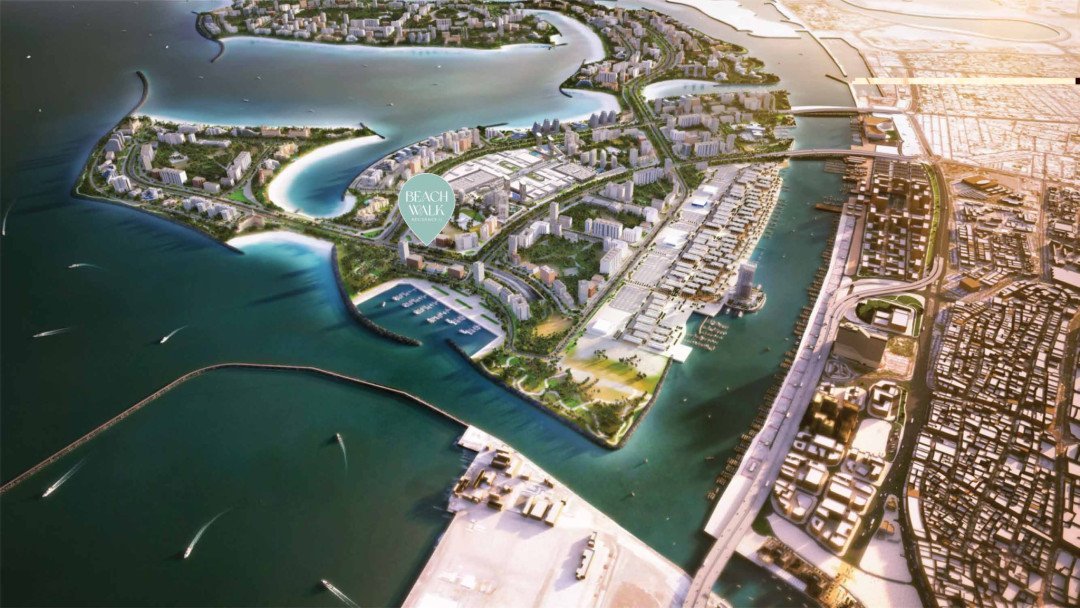 Aerial view of the waterfront island setting in Dubai