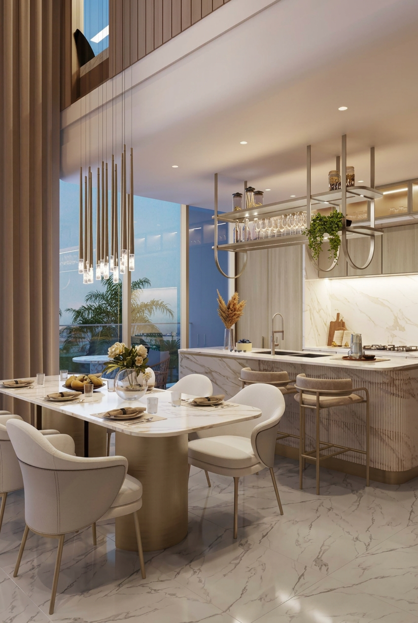Furnished kitchen and dining interior of a Beach Walk Residence II apartment in Dubai Islands