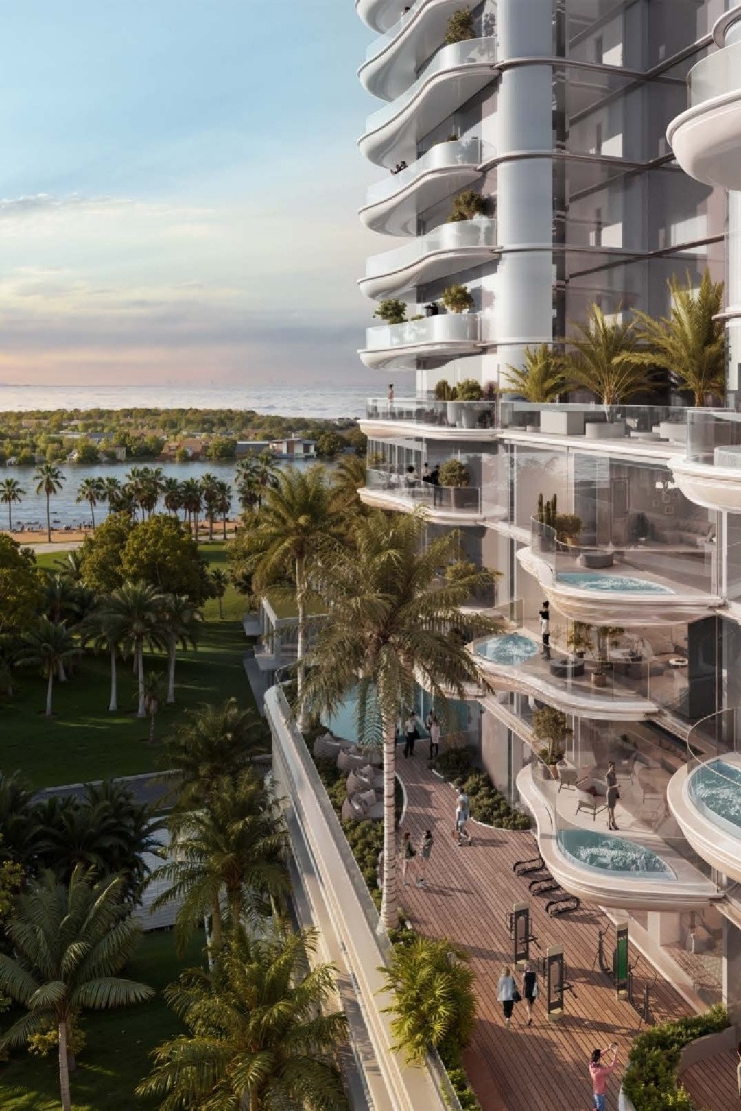 Waterfront residential tower in Dubai at dusk